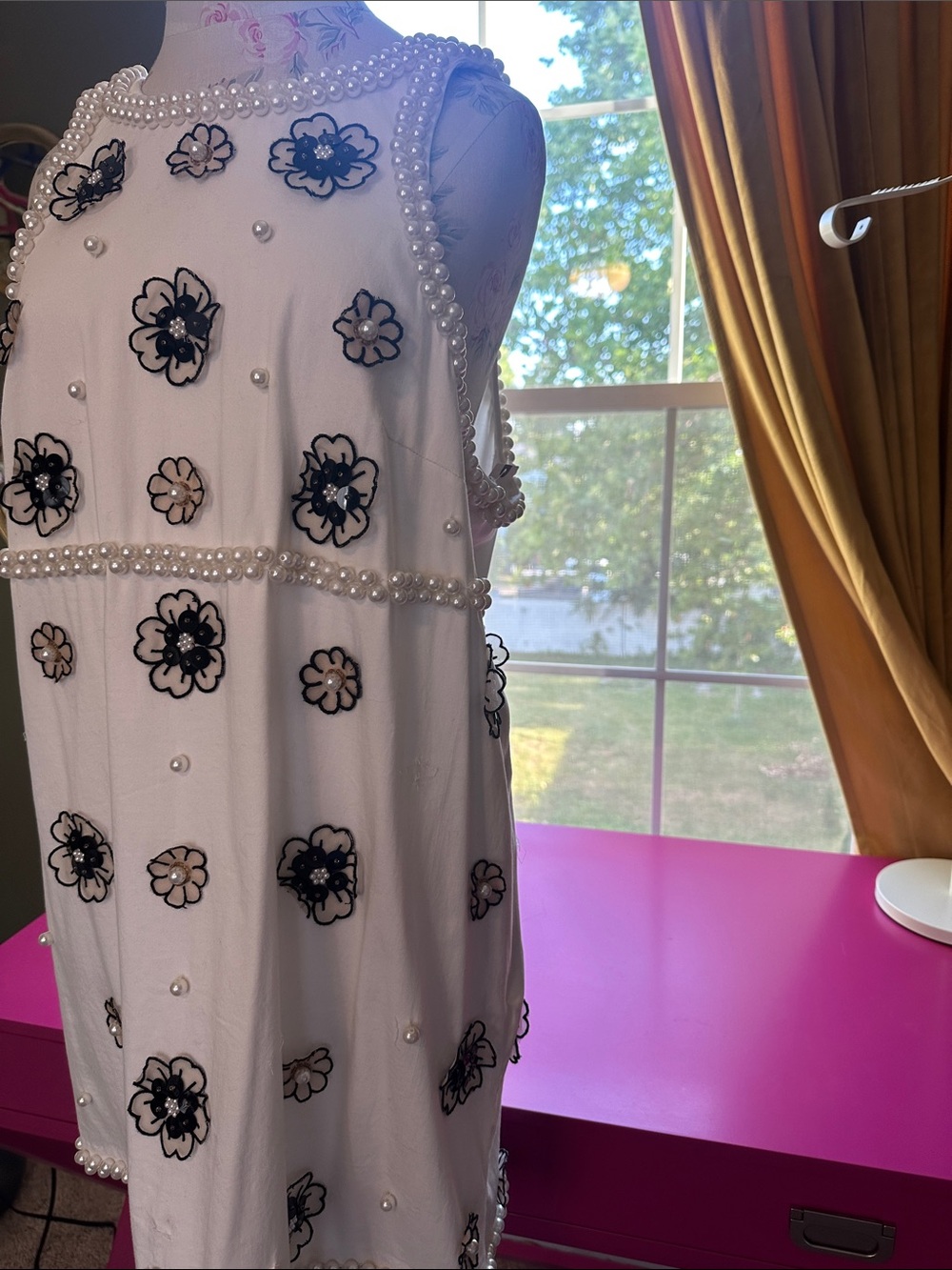 Maeve White Pearl-Trim Floral Appliqué Dress